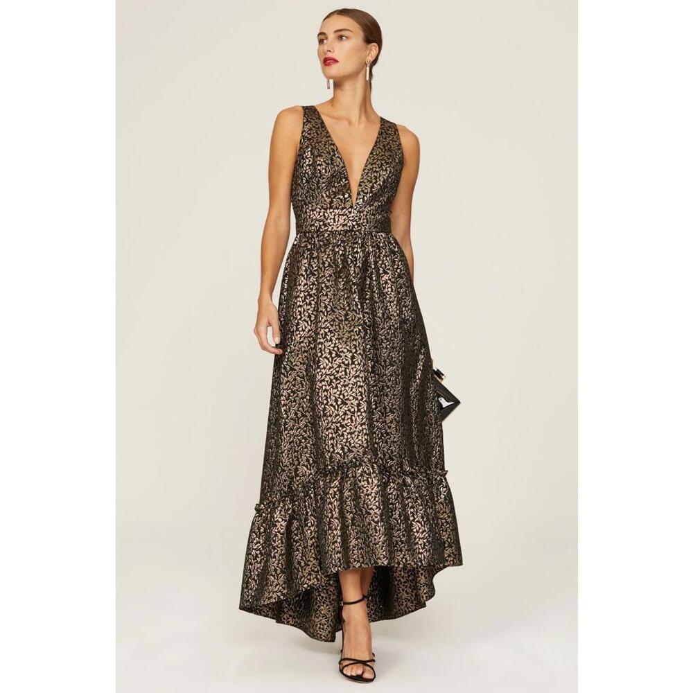 Hutch Metallic Black and Gold V-Neck High-Low Evening Dress